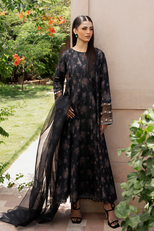 Black Printed Silk Lawn 3 Pc Dress By Esra Fashion