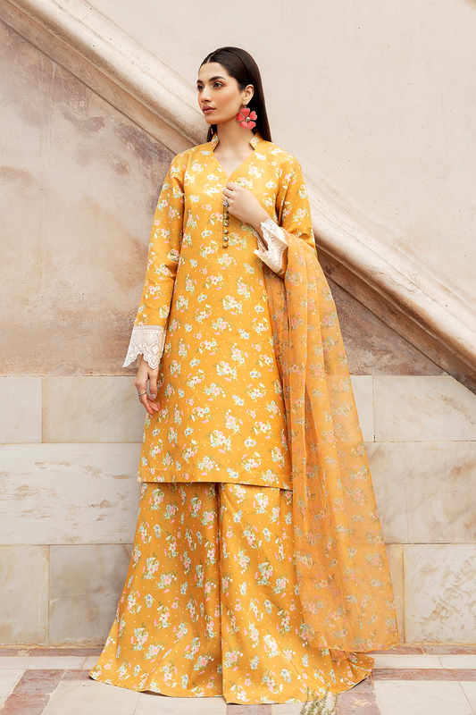 Mustard Printed Silk Lawn 3 Pc Dress By Esra Fashion