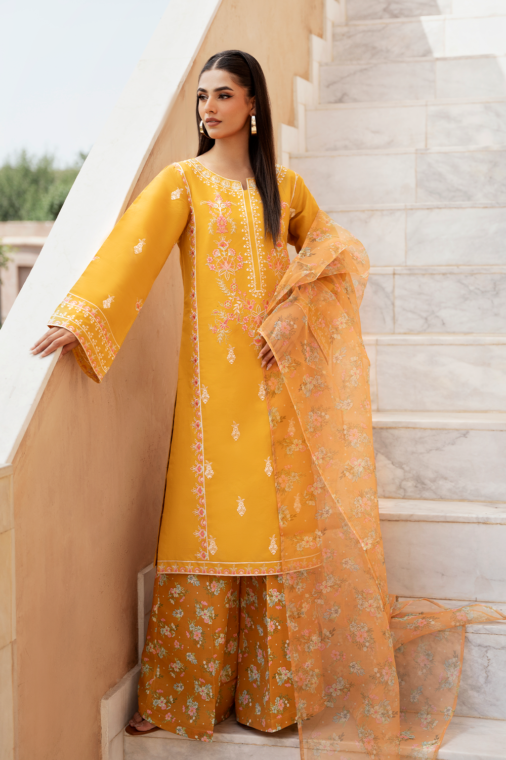 Mustard Embroidered Printed Silk Lawn 3 Pc Dress By Esra Fashion