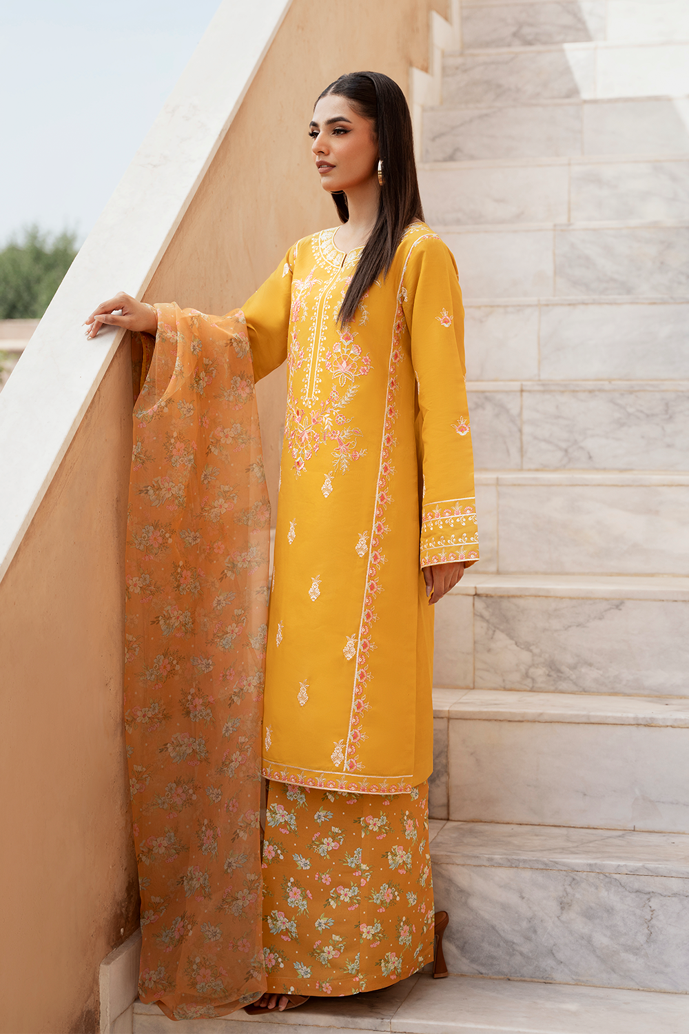 Mustard Embroidered Printed Silk Lawn 3 Pc Dress By Esra Fashion