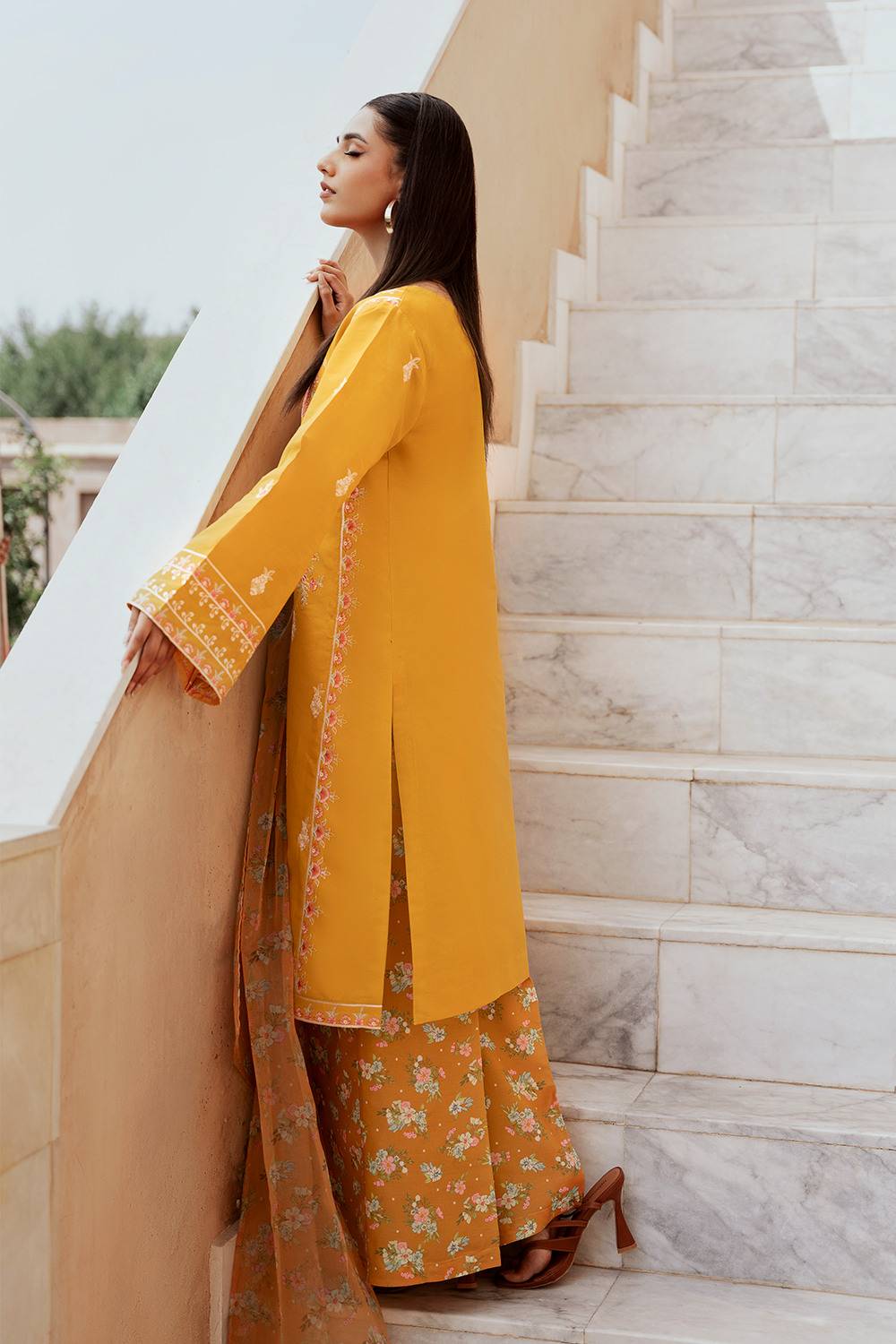 Mustard Embroidered Printed Silk Lawn 3 Pc Dress By Esra Fashion