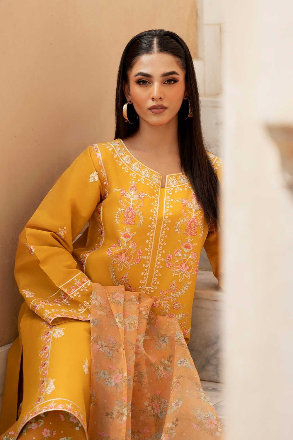 Mustard Embroidered Printed Silk Lawn 3 Pc Dress By Esra Fashion