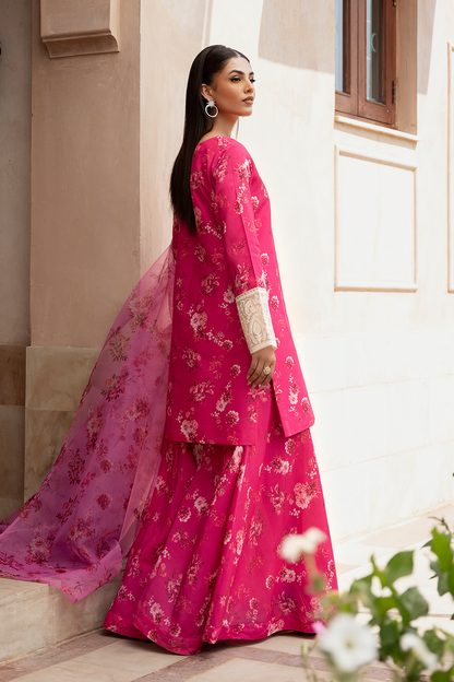 Hot Pink Printed Silk Lawn 3 Pc Dress By Esra Fashion