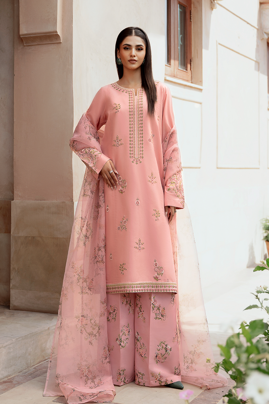 Peach Embroidered Printed Silk Lawn 3 Pc Dress By Esra Fashion