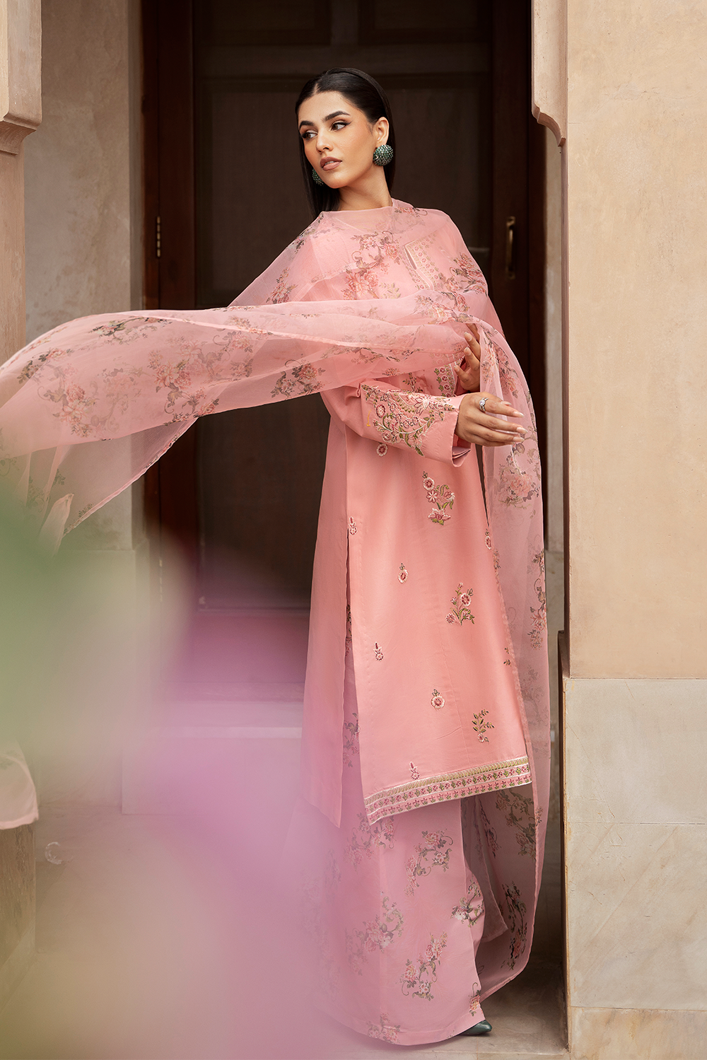 Peach Embroidered Printed Silk Lawn 3 Pc Dress By Esra Fashion