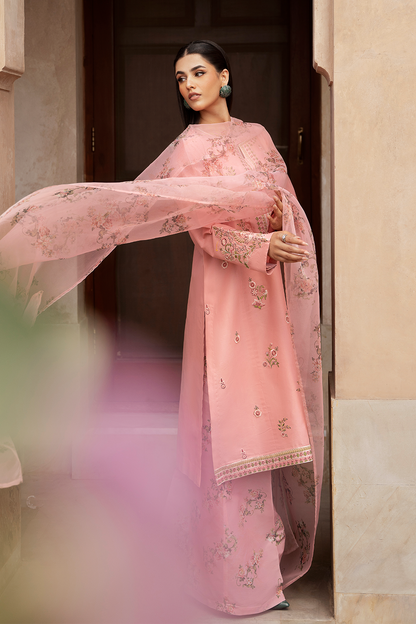 Peach Embroidered Printed Silk Lawn 3 Pc Dress By Esra Fashion