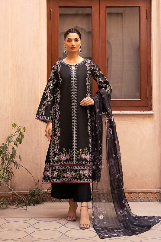 (Black) "MIZAJ" Embroidered Lawn 3Pc Collection-Esra Fashion