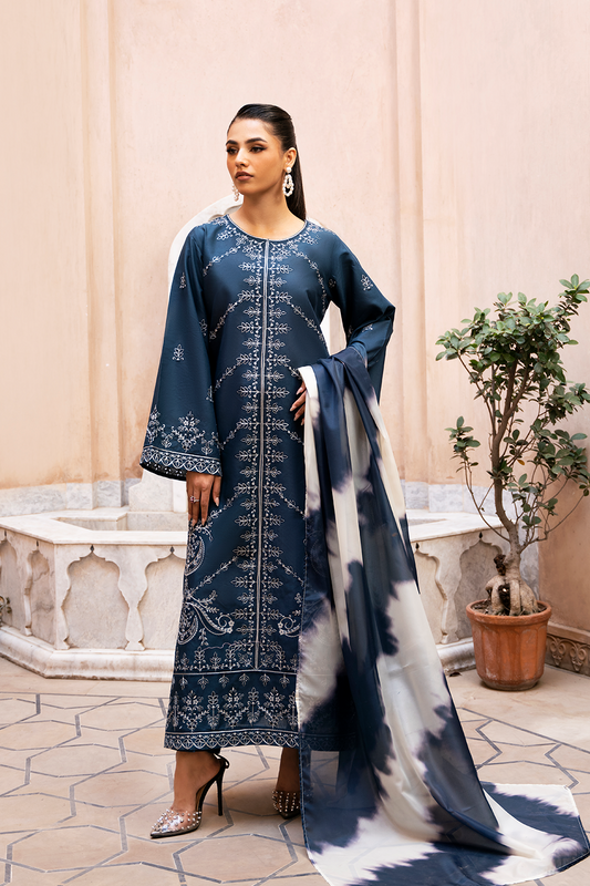 (Blue) "MIZAJ" Embroidered Lawn 3Pc Collection-Esra Fashion