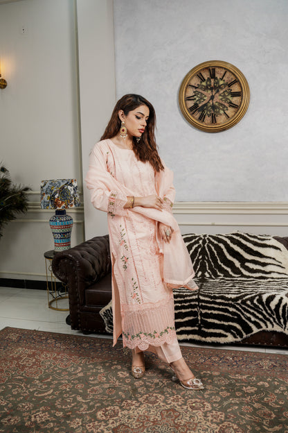 (Peach Skin) 3 Pc Luxury Chikenkari Cotton by Simrans