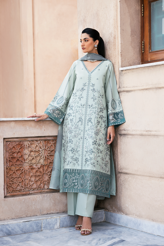 (Mint Green) "MIZAJ" Embroidered Lawn 3Pc Collection-Esra Fashion