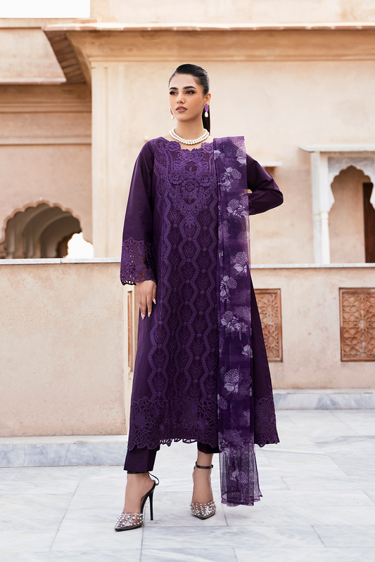 (Plum) "MIZAJ" Embroidered Lawn 3Pc Collection-Esra Fashion