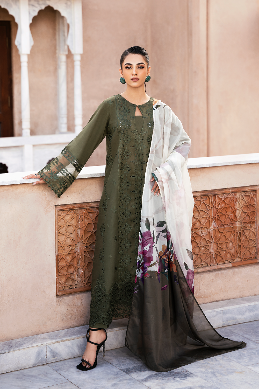 (Army Green) "MIZAJ" Embroidered Lawn 3Pc Collection-Esra Fashion