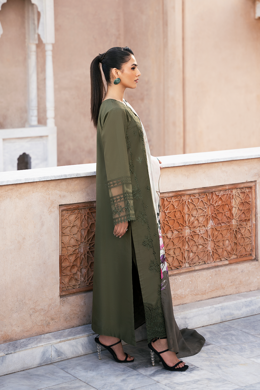 (Army Green) "MIZAJ" Embroidered Lawn 3Pc Collection-Esra Fashion