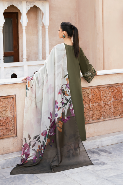 (Army Green) "MIZAJ" Embroidered Lawn 3Pc Collection-Esra Fashion