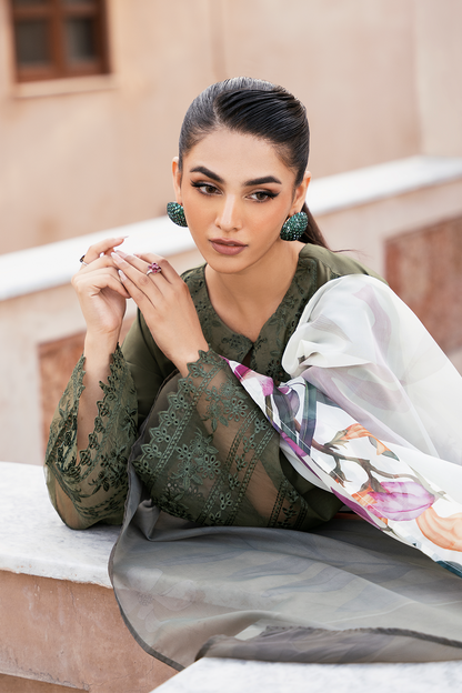 (Army Green) "MIZAJ" Embroidered Lawn 3Pc Collection-Esra Fashion