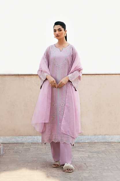 (Pastel Pink)"MIZAJ" Embroidered Lawn 3Pc Collection-Esra Fashion