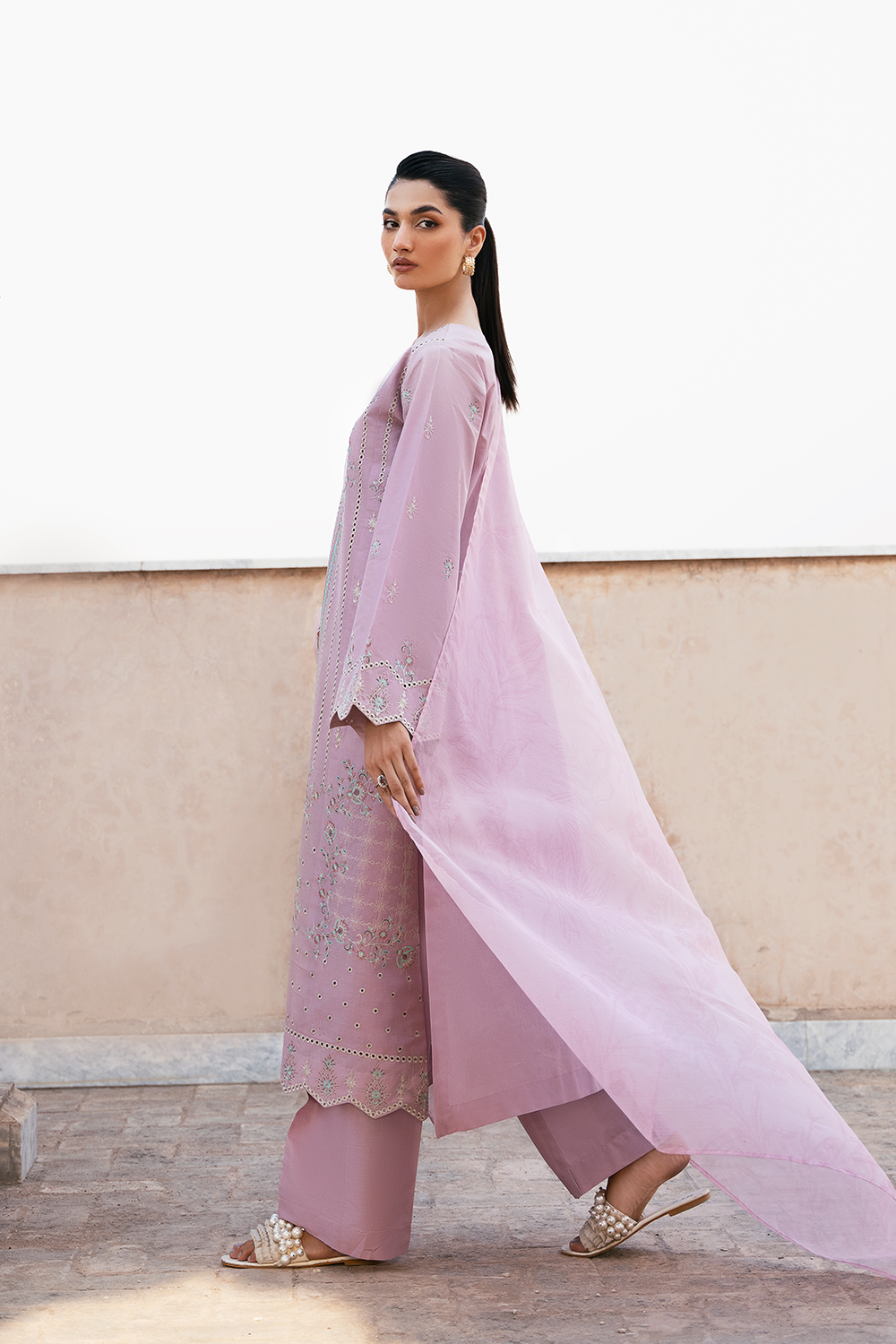 (Pastel Pink)"MIZAJ" Embroidered Lawn 3Pc Collection-Esra Fashion