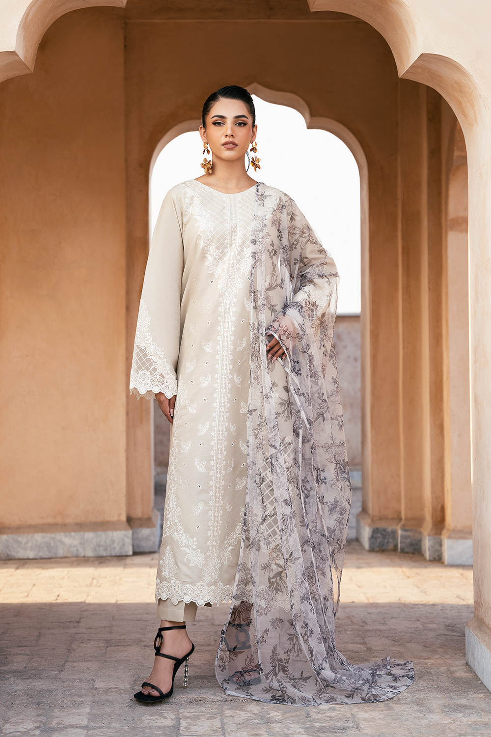 (Beige)"MIZAJ" Embroidered Lawn 3Pc Collection-Esra Fashion