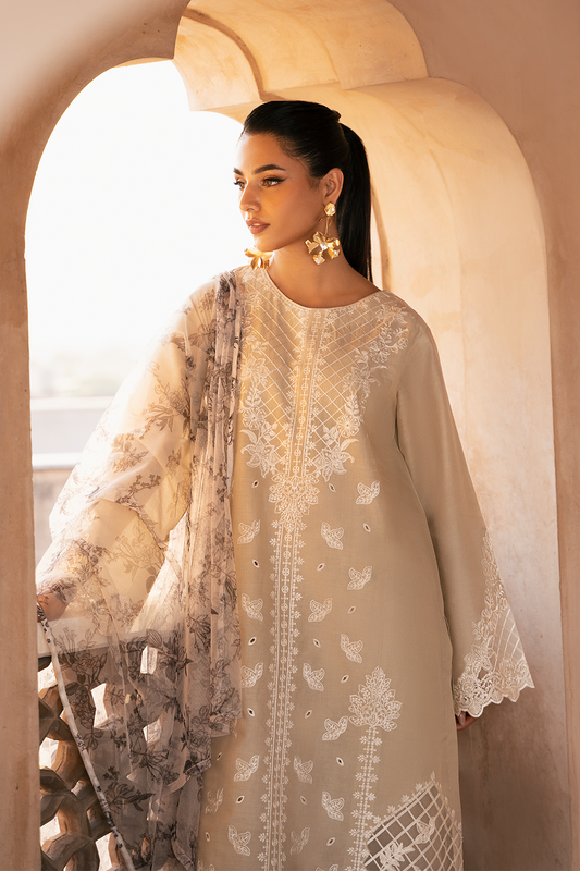 (Beige)"MIZAJ" Embroidered Lawn 3Pc Collection-Esra Fashion