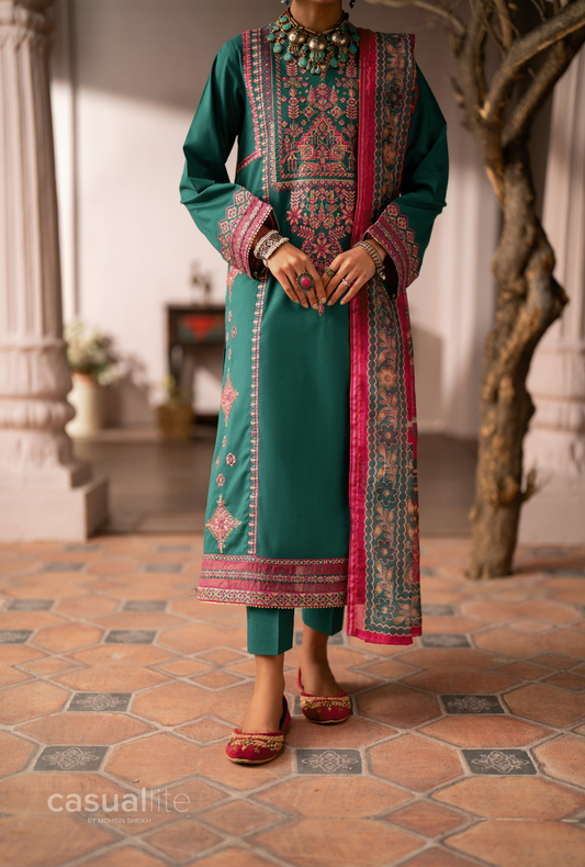 (Teal) 3 Pc  Cotton Embroidered Suit - Casuallite