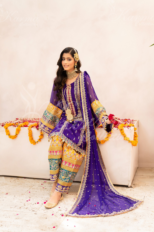 Purple Embroidered Chiffon 3 Pc Salwar Plazo | Wedding Wear | Karma Collection