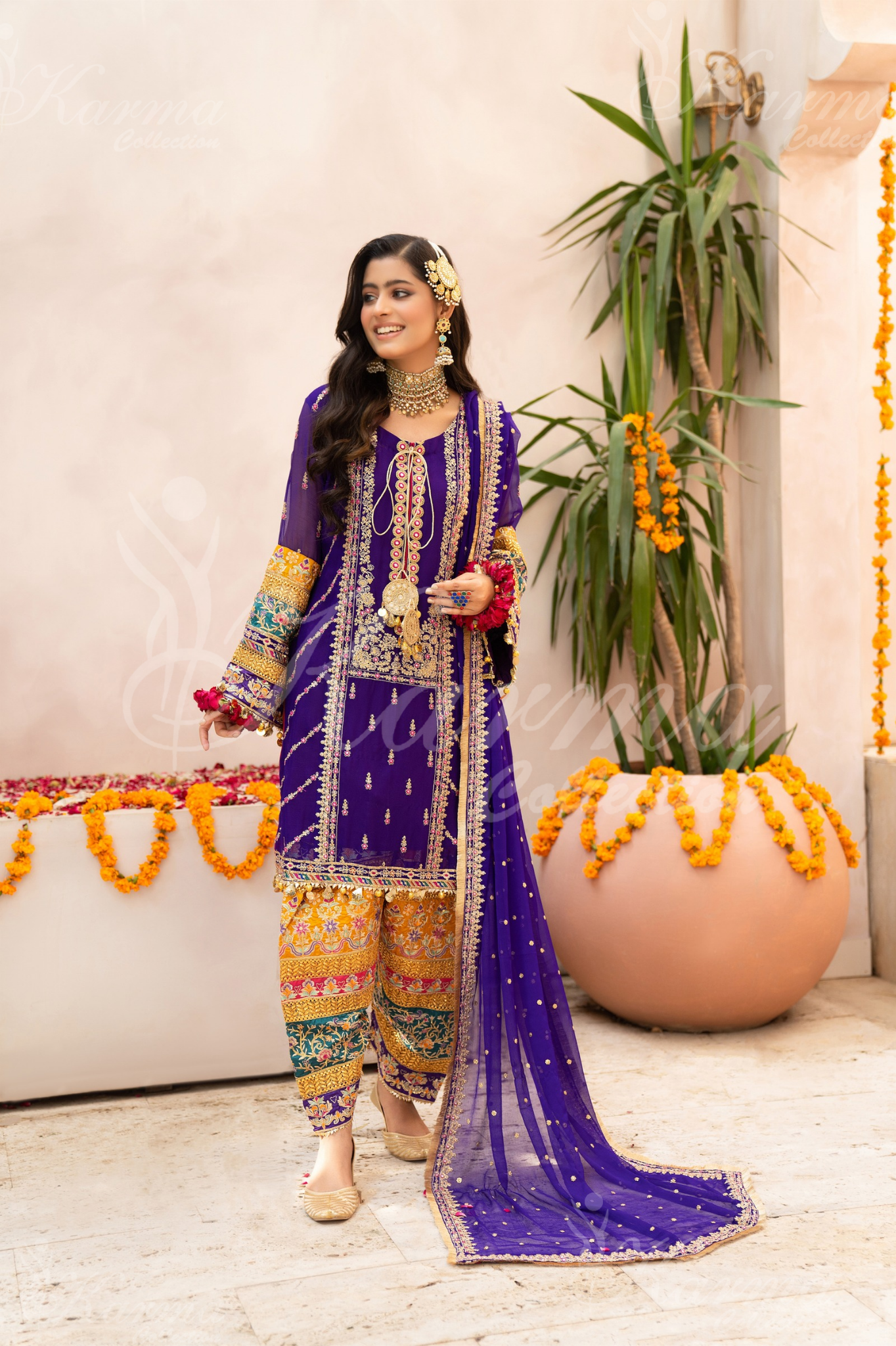 Purple Embroidered Chiffon 3 Pc Salwar Plazo | Wedding Wear | Karma Collection