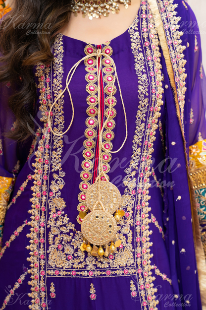 Purple Embroidered Chiffon 3 Pc Salwar Plazo | Wedding Wear | Karma Collection