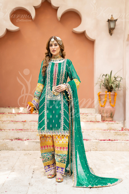 Teal Green Embroidered Chiffon 3 Pc Salwar Plazo | Wedding Wear | Karma Collection