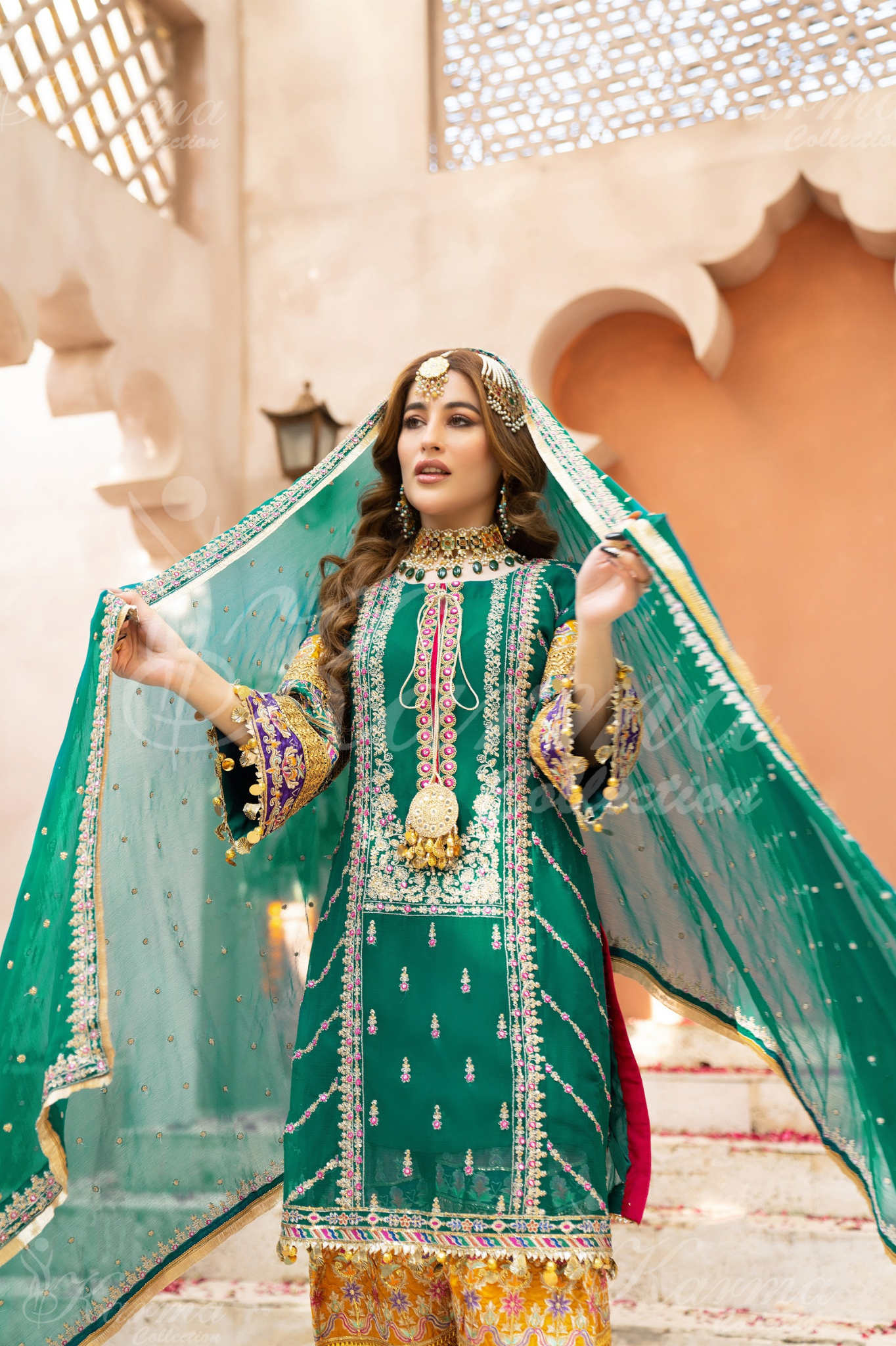 Teal Green Embroidered Chiffon 3 Pc Salwar Plazo | Wedding Wear | Karma Collection