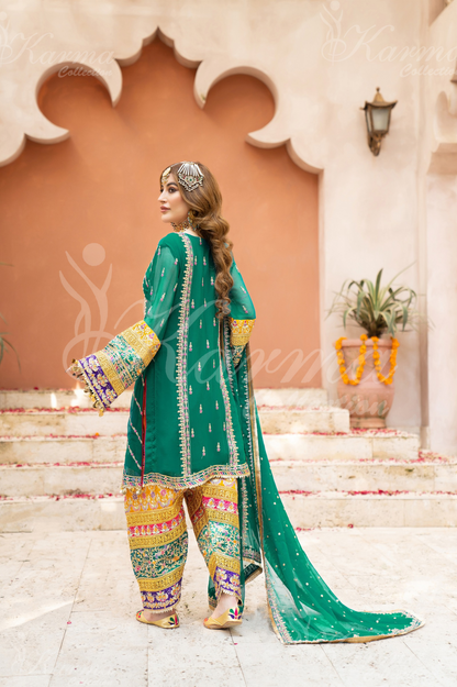 Teal Green Embroidered Chiffon 3 Pc Salwar Plazo | Wedding Wear | Karma Collection