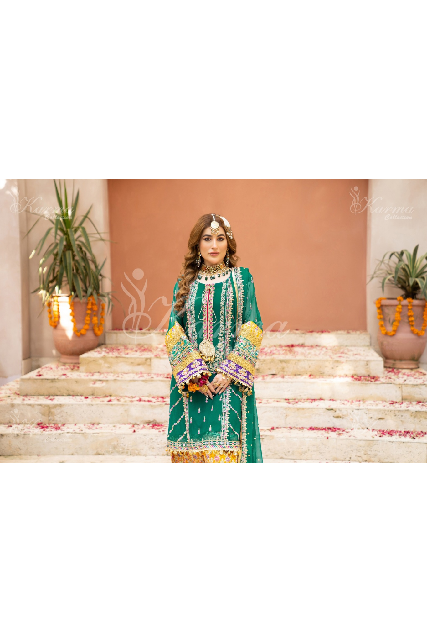 Teal Green Embroidered Chiffon 3 Pc Salwar Plazo | Wedding Wear | Karma Collection