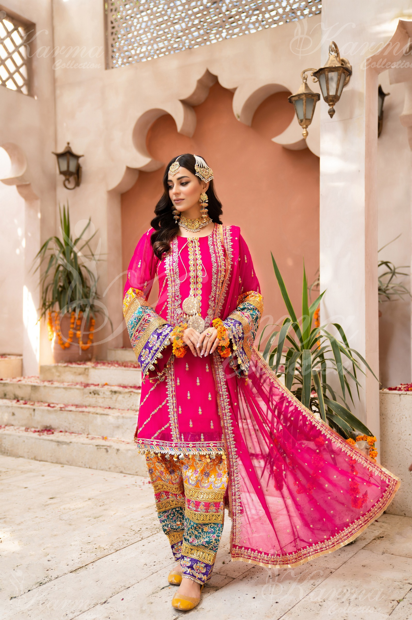 Shocking Pink Embroidered Chiffon 3 Pc Salwar Plazo | Wedding Wear | Karma Collection