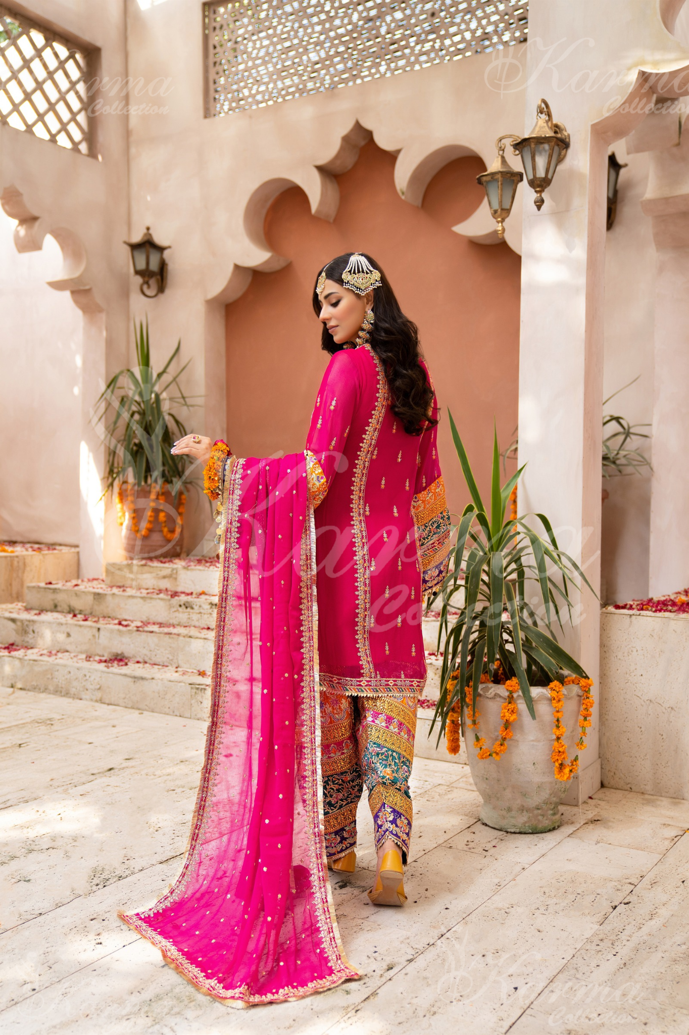 Shocking Pink Embroidered Chiffon 3 Pc Salwar Plazo | Wedding Wear | Karma Collection