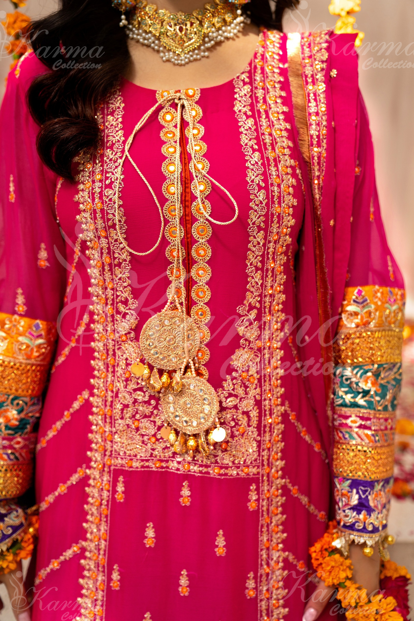 Shocking Pink Embroidered Chiffon 3 Pc Salwar Plazo | Wedding Wear | Karma Collection