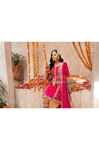 Shocking Pink Embroidered Chiffon 3 Pc Salwar Plazo | Wedding Wear | Karma Collection