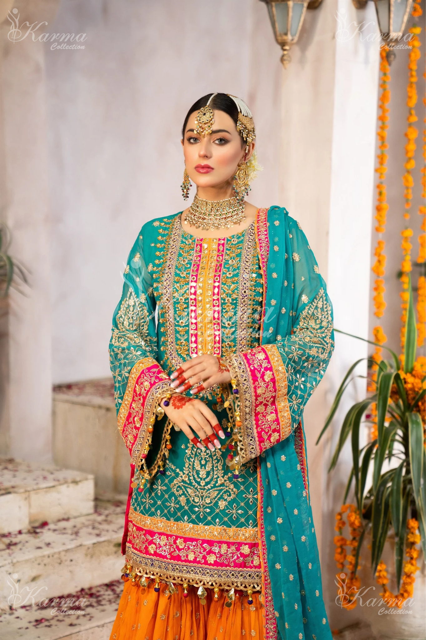 Teal & Hot Pink | Chiffon Sharara | 3 Pc | Wedding Wear | Karma Collection