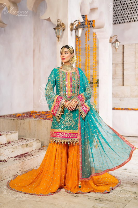 Teal & Hot Pink | Chiffon Sharara | 3 Pc | Wedding Wear | Karma Collection