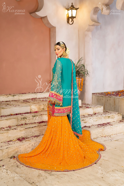 Teal & Hot Pink | Chiffon Sharara | 3 Pc | Wedding Wear | Karma Collection