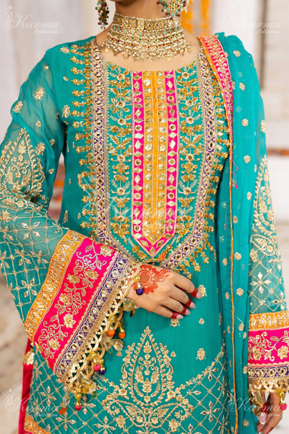 Teal & Hot Pink | Chiffon Sharara | 3 Pc | Wedding Wear | Karma Collection