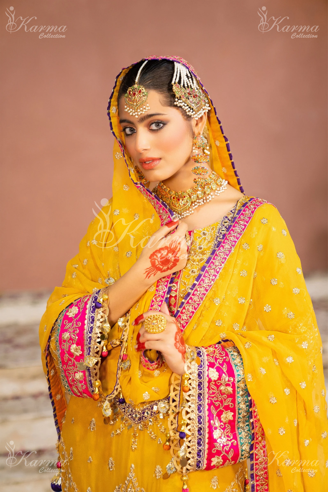 Yellow & Hot Pink | Chiffon Sharara | 3 Pc | Wedding Wear | Karma Collection