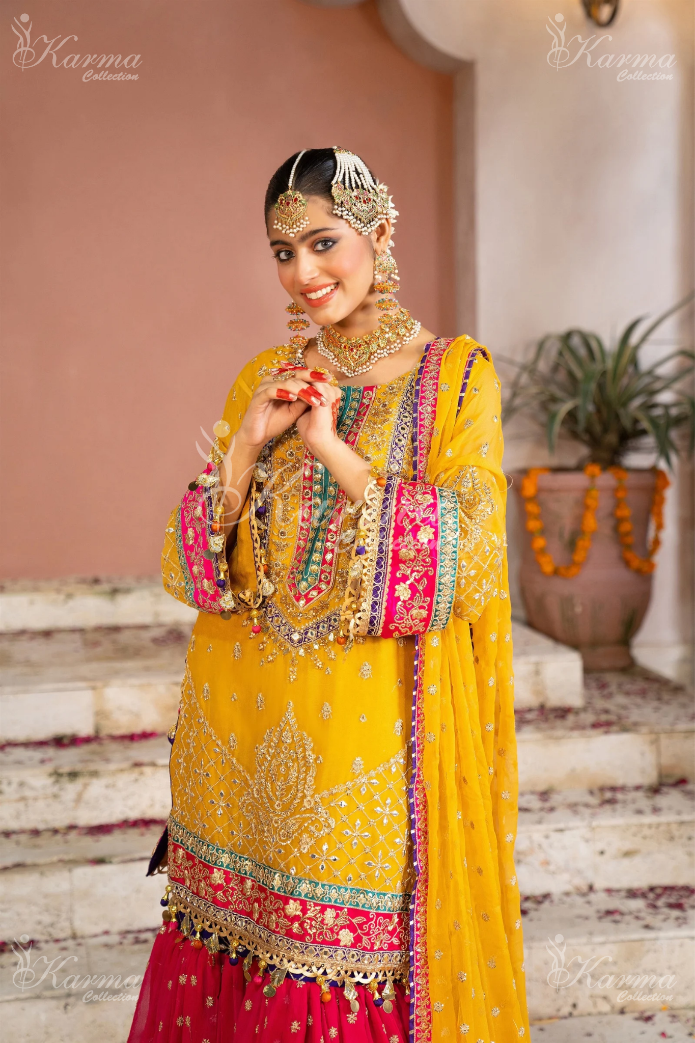 Yellow & Hot Pink | Chiffon Sharara | 3 Pc | Wedding Wear | Karma Collection