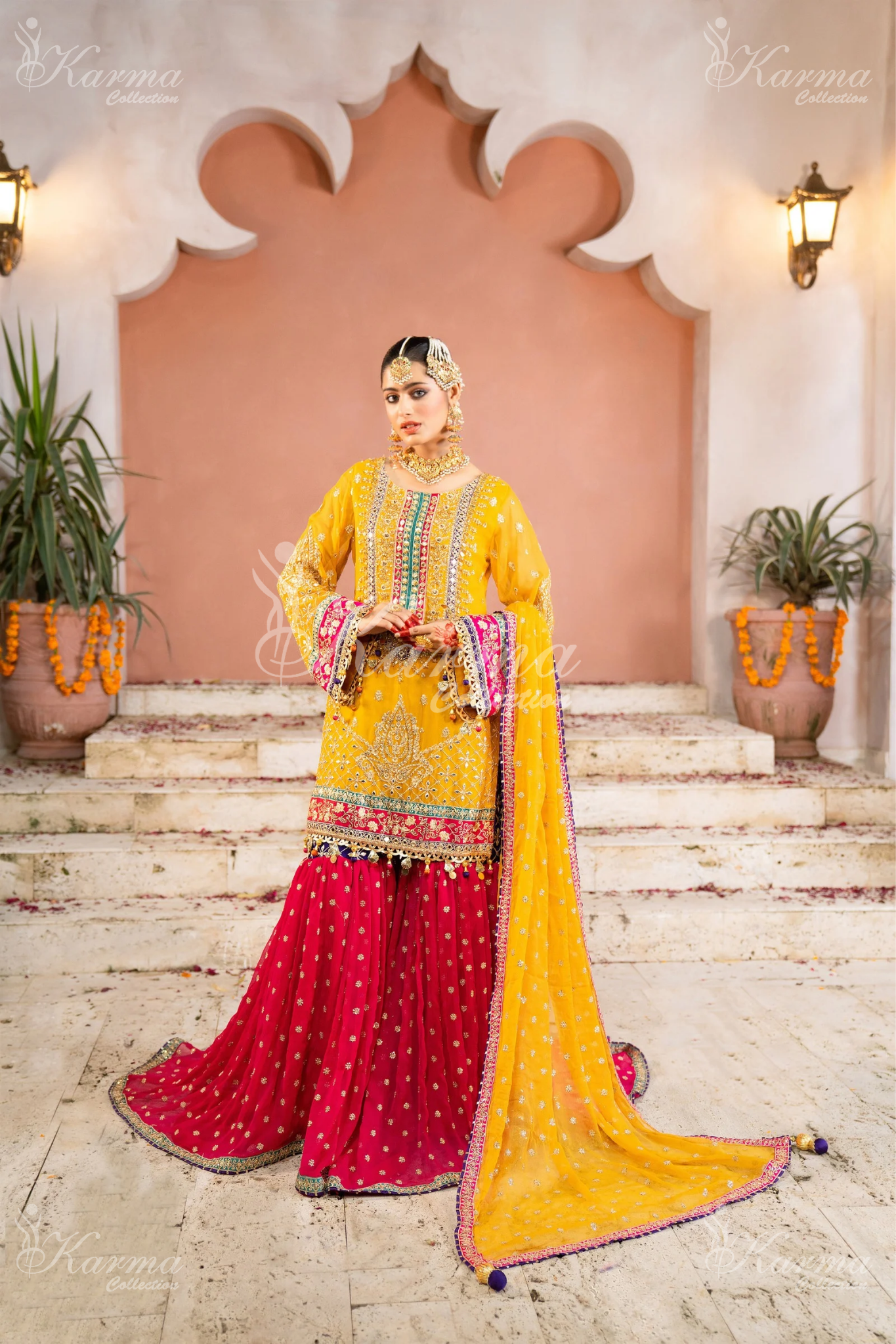 Yellow & Hot Pink | Chiffon Sharara | 3 Pc | Wedding Wear | Karma Collection