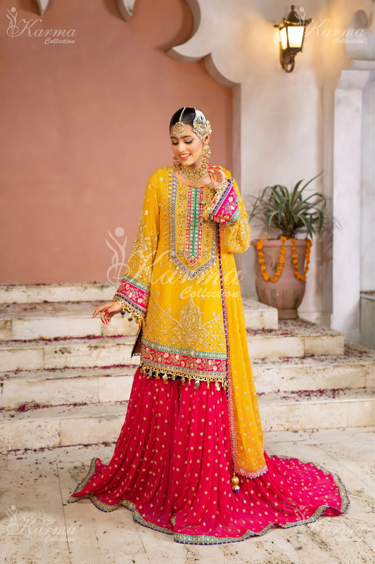 Yellow & Hot Pink | Chiffon Sharara | 3 Pc | Wedding Wear | Karma Collection