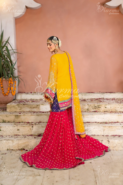 Yellow & Hot Pink | Chiffon Sharara | 3 Pc | Wedding Wear | Karma Collection