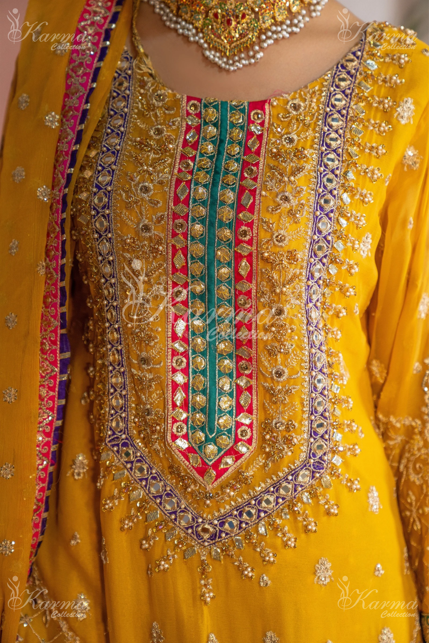 Yellow & Hot Pink | Chiffon Sharara | 3 Pc | Wedding Wear | Karma Collection