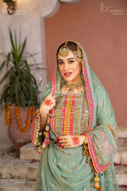 Greenish Grey & Hot Pink | Chiffon Sharara | 3 Pc | Wedding Wear | Karma Collection