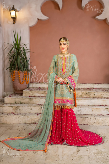 Greenish Grey & Hot Pink | Chiffon Sharara | 3 Pc | Wedding Wear | Karma Collection