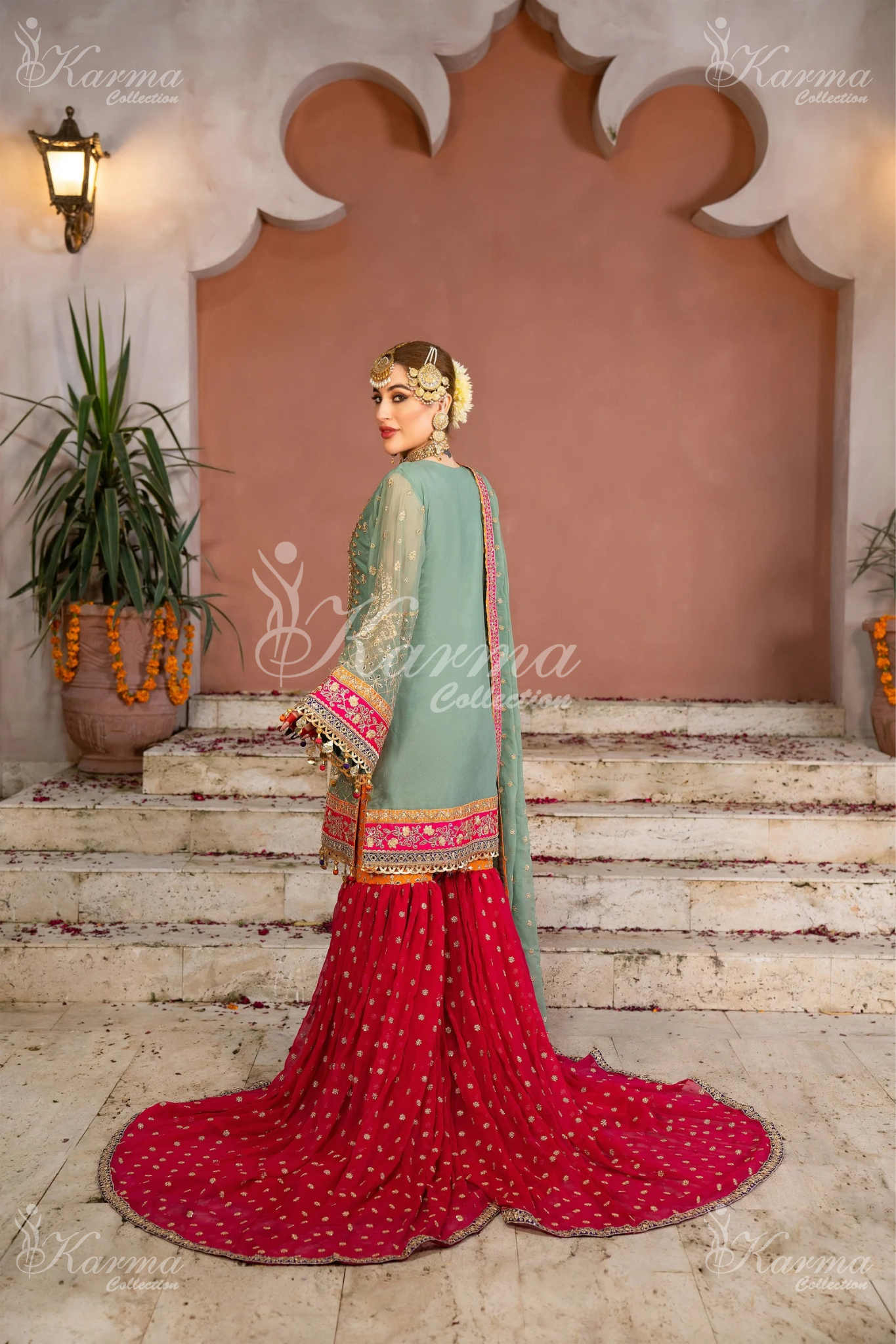 Greenish Grey & Hot Pink | Chiffon Sharara | 3 Pc | Wedding Wear | Karma Collection