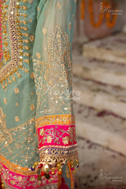 Greenish Grey & Hot Pink | Chiffon Sharara | 3 Pc | Wedding Wear | Karma Collection