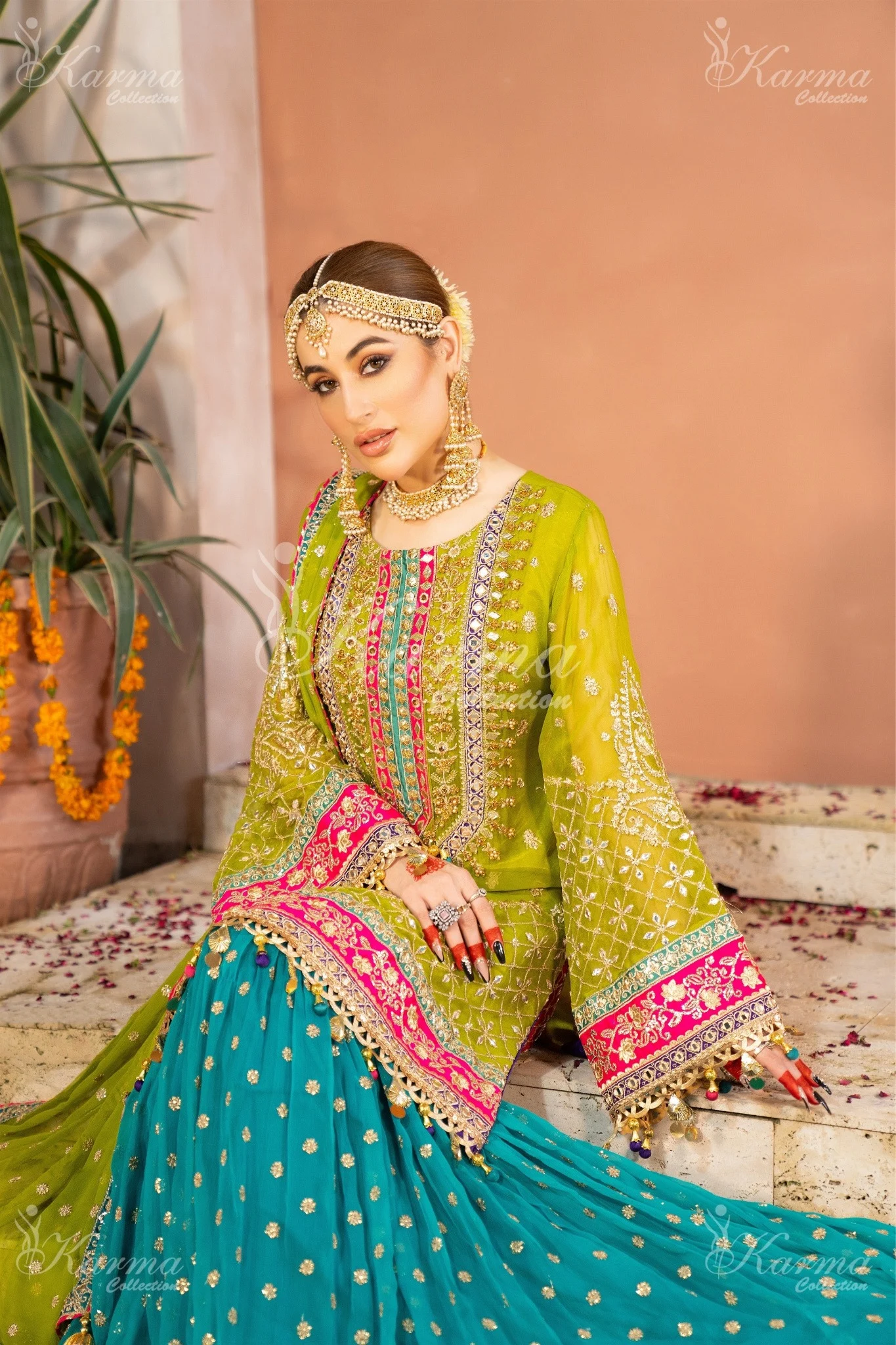 Olive Yellow & Blue | Chiffon Sharara | 3 Pc | Wedding Wear | Karma Collection